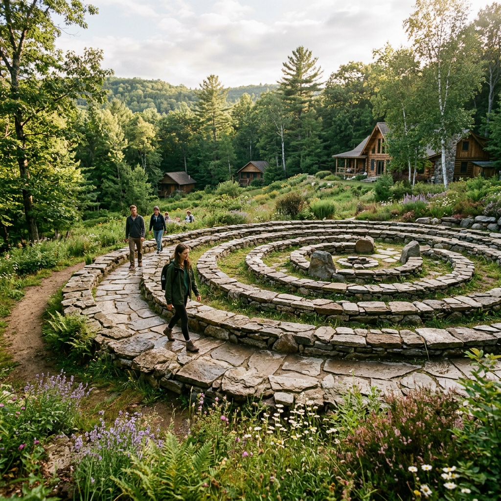 People walking on a circular stone labyrinth surrounded by wildflowers and trees with cabins in the background